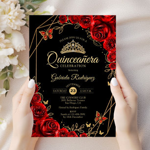Quinceanera Black Red Gold Floral Einladung