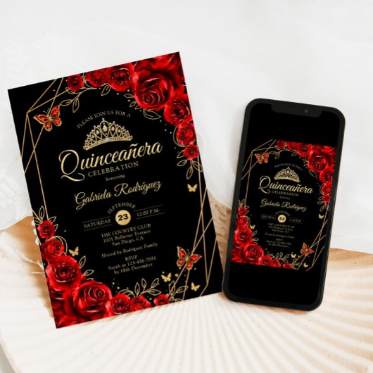 Quinceanera Black Red Gold Floral Einladung