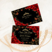 Quinceanera Black Red Gold Floral Save The Date