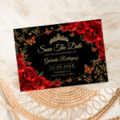 Quinceanera Black Red Gold Floral Save The Date