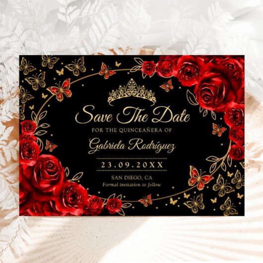 Quinceanera Black Red Gold Floral Save The Date