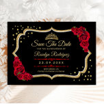 Quinceanera Black Red Gold Floral Save The Date<br><div class="desc">Black red and gold Quinceanera celebration Save The Date card. Features, script font, red roses, tiara and confetti. Perfect for an elegant princess style glam celebration. Personalize with your own details. Printed Zazzle cards or instant download digital printable template.</div>