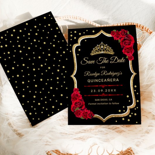 Quinceanera - Black Red Gold Save The Date