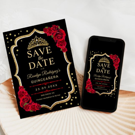 Quinceanera Black Red Gold Save The Date
