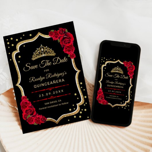 Quinceanera - Black Red Gold Save The Date