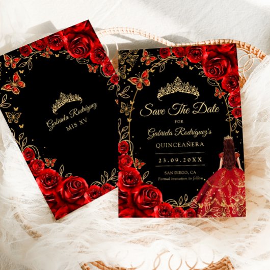 Quinceanera Black Red Gold Save The Date