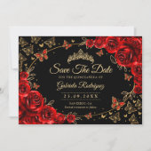 Quinceanera Black Red Roses Gold Save The Date (Vorderseite)