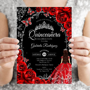 Quinceanera Black Red Silver Einladung