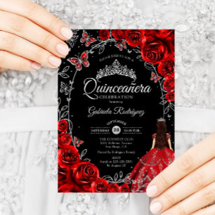 Quinceanera Black Red Silver Einladung