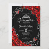 Quinceanera Black Red Silver Floral Einladung (Vorderseite)