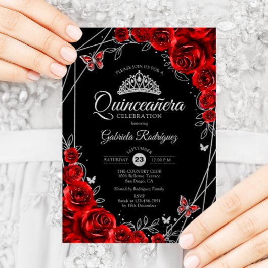 Quinceanera Black Red Silver Floral Einladung