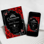 Quinceanera Black Red Silver Floral Einladung