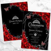 Quinceanera Black Red Silver Floral Einladung