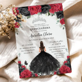 Quinceañera Black Rote Rosen Blumendruckkleid Einladung