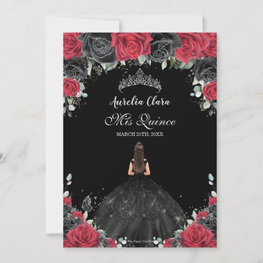 Quinceañera Black Rote Rosen Blumendruckkleid Einladung (Rückseite)
