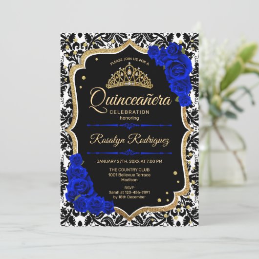 Quinceanera - Black Royal Blue Gold Einladung (Stehend Vorderseite)