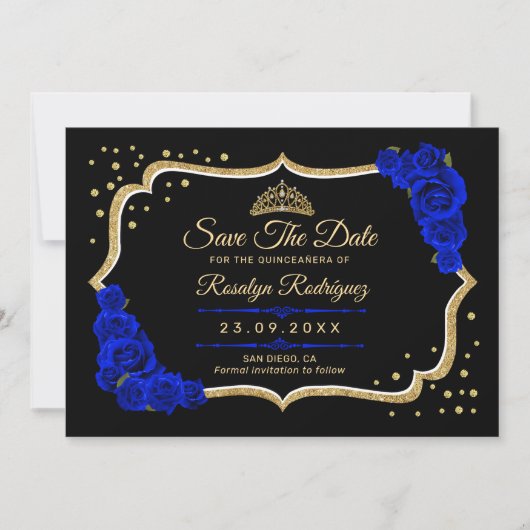 Quinceanera Black Royal Blue Gold Floral Save The Date (Vorderseite)