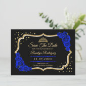 Quinceanera Black Royal Blue Gold Floral Save The Date (Stehend Vorderseite)