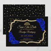 Quinceanera Black Royal Blue Gold Floral Save The Date (Vorne/Hinten)