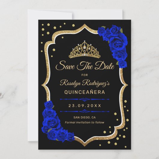 Quinceanera - Black Royal Blue Gold Save The Date (Vorderseite)