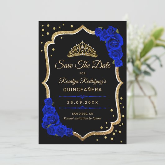 Quinceanera - Black Royal Blue Gold Save The Date (Stehend Vorderseite)