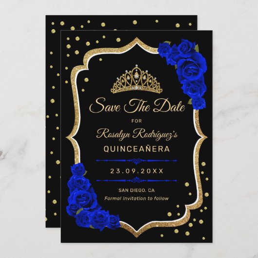 Quinceanera - Black Royal Blue Gold Save The Date (Vorne/Hinten)
