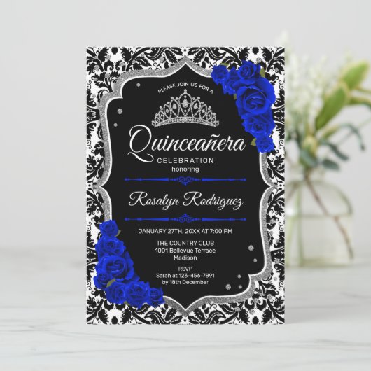Quinceanera - Black Royal Blue Silver Einladung (Stehend Vorderseite)