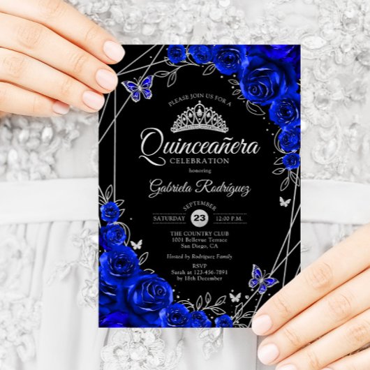 Quinceanera Black Royal Blue Silver Floral Einladung
