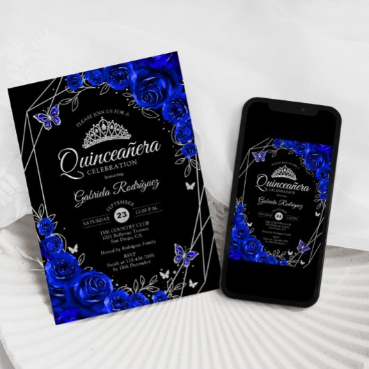 Quinceanera Black Royal Blue Silver Floral Einladung