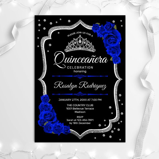 Quinceanera - Black Silver Royal Blue Einladung