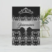 Quinceanera Black Silver Sparkle Diamond Tiara Bow Einladung (Stehend Vorderseite)