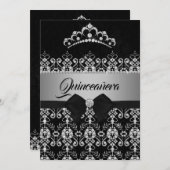 Quinceanera Black Silver Sparkle Diamond Tiara Bow Einladung (Vorne/Hinten)