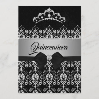 Quinceanera Black Silver Sparkle Diamond Tiara Bow Einladung