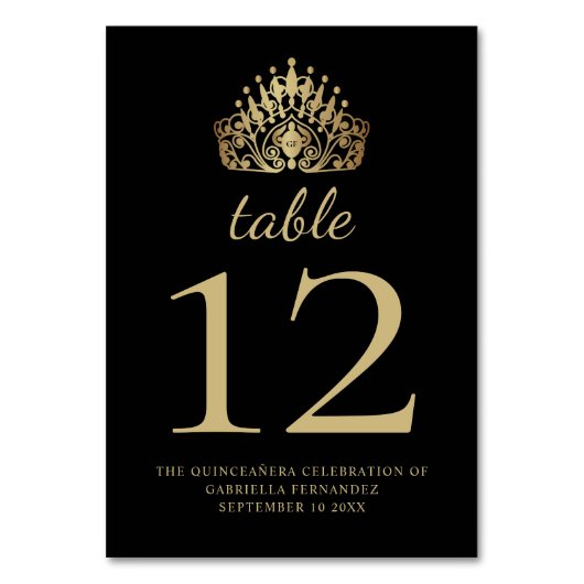 Quinceañera Black und Gold Prinzessin Tiara Crown Tischnummer (Vorderseite)