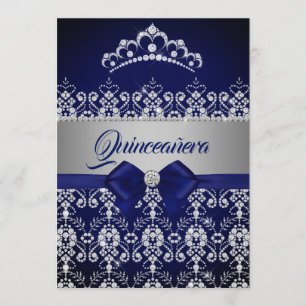 Quinceanera Blau Navy Glitzer Diamant Tiara Bogen Einladung