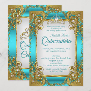 Quinceanera Blau Türkis Goldene Perlen Tiara Party Einladung