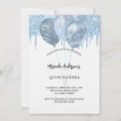 Quinceanera blauen Ballons Glitzer Luxus Einladung (Vorderseite)