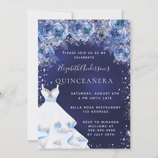 Quinceanera blauen Kleid florale glamourös Einladung (Vorderseite)