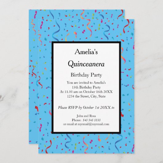 Quinceanera blauen Konfetti Geburtstagsfeier Einla Einladung (Vorne/Hinten)