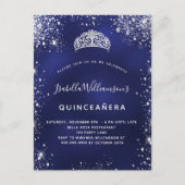 Quinceanera blauer Glitzer Staub Tiara Krone Einladungspostkarte (Vorderseite)