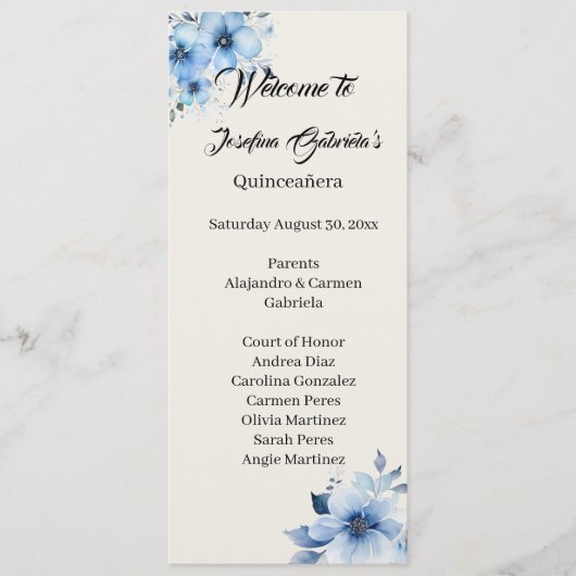 Quinceanera blaues doppelseitiges Programmkarte Programm (Vorderseite)