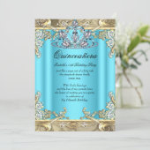 Quinceanera Blue Aqua Aquamarin Gold 15. Geburtsta Einladung (Stehend Vorderseite)