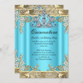 Quinceanera Blue Aqua Aquamarin Gold 15. Geburtsta Einladung (Vorne/Hinten)