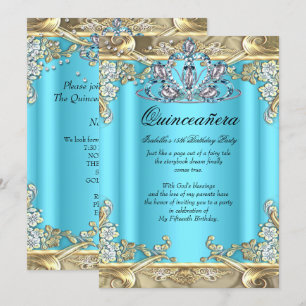 Quinceanera Blue Aqua Aquamarin Gold 15. Geburtsta Einladung