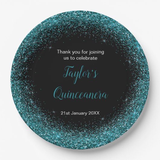 Quinceanera Blue Aquamarin Imitats Glitzer Pappteller (Vorderseite)