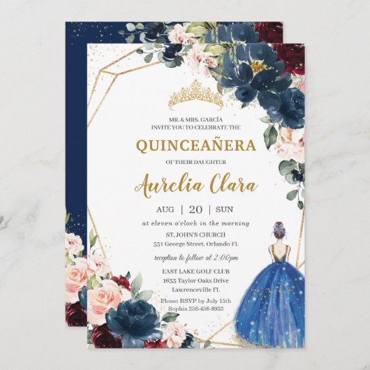 Quinceañera Blue Burgundy Blush Bloral Princess I Einladung (Vorne/Hinten)