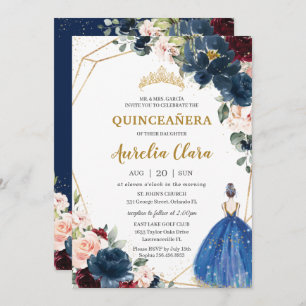 Quinceañera Blue Burgundy Blush Bloral Princess I Einladung