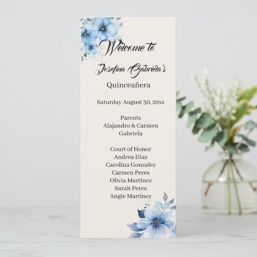 Quinceanera blue double side program card  programm (Stehend Vorderseite)