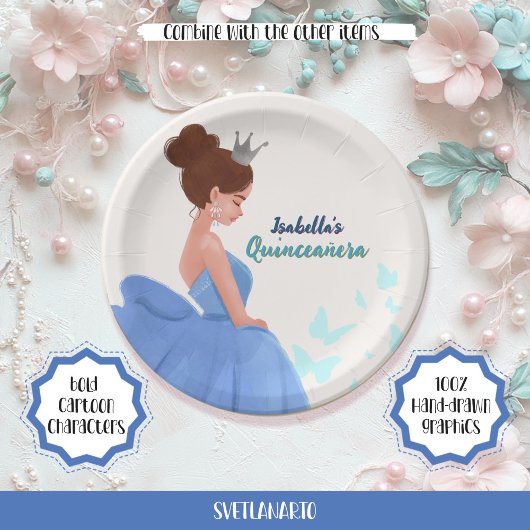 Quinceañera Blue Elegant Princess Paper Plate Pappteller