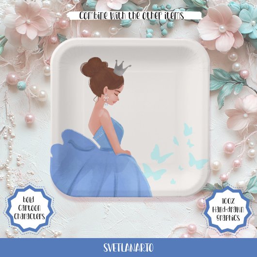 Quinceañera Blue Elegant Princess Paper Plate Pappteller